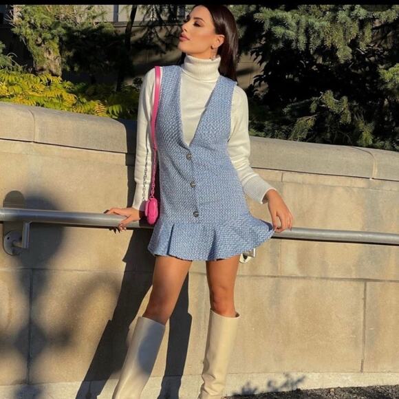 Zara Blue and White TEXTURED RUFFLED PINAFORE DRESS Size Extra Small XS - Picture 1 of 16